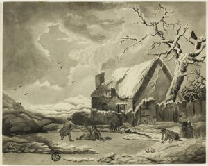 Winter Scene with People Outside a Cottage Near a Pond