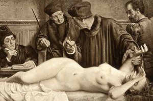 Scientists Looking for a Mole on the Body of a Witch, Illustration by E. Van Hoove, 1888 by Unknown artist