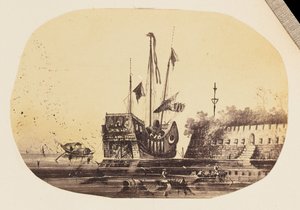 Photographic Copy of a Drawing of a Moored Ship Next to a Fort by Unknown artist/maker