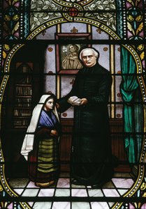 Bernadette and Abbe Peyramale, Stained Glass in Lourdes Parish Church, Languedoc-Roussillon-Midi-Pyrenees, France, 20th Century by Unknown photographer