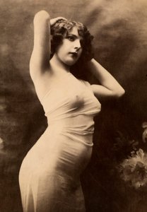 Half-length portrait in profile of a young woman in transparent attire