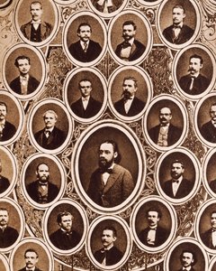 Portraits of members of Prague Provisional Theatre Orchestra, with Antonin Dvorak and Bedrich Smetana by Unknown photographer