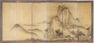 Landscape with Travelers on Mountain Paths by Unkoku Toyo