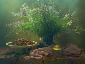 Dark Floral Cherry Still Life by UstinaGreen