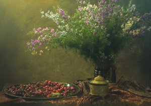 Vintage Cherries Wildflowers by UstinaGreen