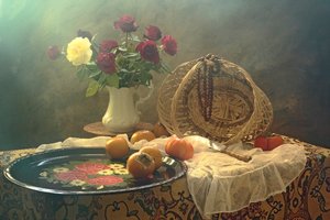 Vintage Rose and Fruit Still Life by UstinaGreen
