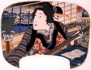 Winter, Shinobazu Pond; A geisha practicing a ballad, design for a fan from a set of four illustrating the seasons by Utagawa Kunisada