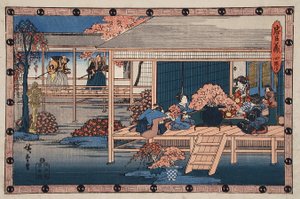 Act IV: Envoys from the Shogun Approach Lady Kaoyo and Group at Enyas Castle, Bringing Sentence of Death to Enya, Lady Kaoyo Is Surrounded by Cherry Blossoms Gathered to Cheer Enya during His Incarceration