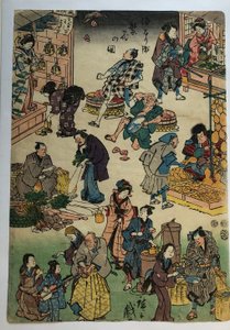 Characters from Plays as Merchants and Customers, from the Series The Prosperous Jōruri District by Utagawa Hiroshige