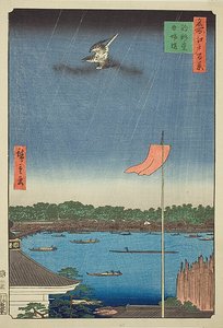 Komagata Hall and Azuma Bridge, No.62 from the series "One Hundred Famous Views of Edo" by Utagawa Hiroshige