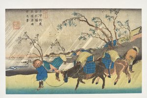 Kutsukake: View of Rain over the Hiratsuka Plain, from the series “The 69 Stations of the Kisokaidō” by Utagawa Hiroshige
