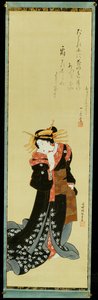 A Standing Courtesan in a Black Kimono with White Flowerheads Holding a Wad of Paper