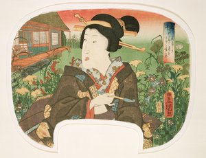 Autumn, Hanayashiki: A geisha with a pipe, design for a fan from a set of four illustrating the seasons by Utagawa Kunisada