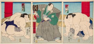 Sumo Wrestlers Shakaigawa and Ayasemawa by Utagawa Kuniteru