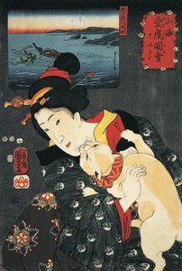 Close-up of a young woman with a cat in her arms by Utagawa Kuniyoshi