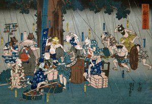 Comic Animals Taking Shelter from Rain by Utagawa Kuniyoshi
