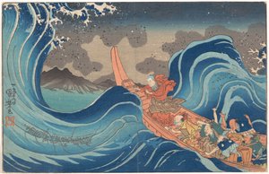 Concise Illustrated Biography of Monk Nichiren: Calming the Stormy Sea at Tsunoda in Exile to Sado Island by Utagawa Kuniyoshi