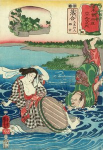 Kume Sennin falls into a river at the sight of a bare-breasted woman crouching on a rock, Station 45, published by Hayashi Shoehi by Utagawa Kuniyoshi