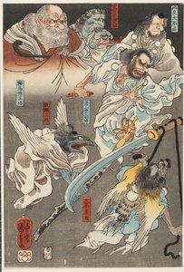 Minamoto Yoshitsune Fights Benkei on Gojō Bridge, with the Help of Tengu Demons by Utagawa Kuniyoshi