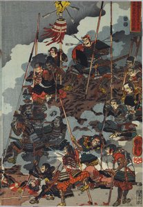 Sheet from a Colour Woodblock Print Triptych, Entitled Eiroku Yonnen Kugatsu Yokka Kawanakajima Kassen ni Yamamoto Kansuke Nyudo no Uchijini no Zu