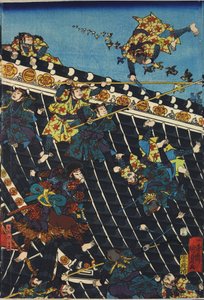 Sheet from a colour woodblock print triptych, entitled Hōryukaku shō no zu depicting a scene from the Hakkenden of Takizawa Bakin showing a fight on the temple roof between Inuzuka Shino (right), and the police under Inukai Kempachi, adapted from a triptyc