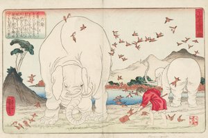 Taishun hoeing a field with the help of elephants and a flock of sparrows, signed Ichiyusai Kuniyoshi ga, c.1843 by Utagawa Kuniyoshi