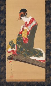 Woman Putting on Finger Plectrums to Play the Koto, early 19th century by Utagawa Toyohiro