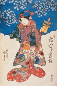 Woman in Kimono with Puppet and Background Decorated with Apple Blossoms