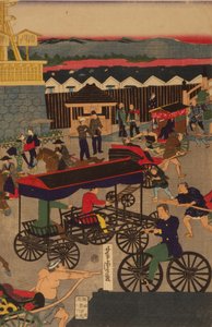 Flourishing Nihonbashi section of Tokyo. Tokyo Nihonbashi han ei no zu Triptych
