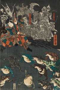 Nikushi the Frog Spirit Conjures up a Magical Battle of Frogs at Tateyama in Etchu Province by Utagawa Yoshitora