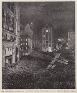 Newspaper Row, New York City, on the night of the US presidential election, 8 November 1892 by V. Perard