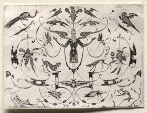 Arabesque with Peacock, Parakeet, Dogs and Insects, 1626 by Valentin Sezenius