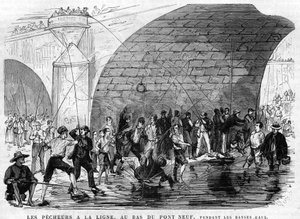 The Fisherman at the Bottom of the Pont Neuf in Paris in 1868 During the Low Water. Drawing by Desroches-Valnay