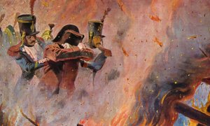 Soldiers guide Napoleon Bonaparte through the fire in Moscow