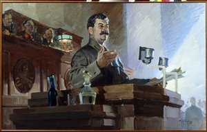 Joseph Stalin (Joseph Vissarionovich Djougachvili) (1879-1953) Redefines the Soviet Constitution (Stalin Constitution) at the 8th Extraordinary Congress of Soviets on December 5, 1936. Viatcheslav Molotov (1890-1986) is Seen on the Right