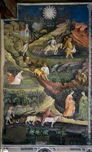 April: plowing and sowing of fields. Agriculture scene with plow, harrow and agricultural tools in the countryside