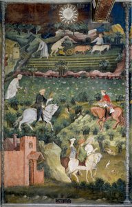 September: Falcon hunting and field plowing. Agriculture scene with cart pulled by oxen and agricultural tools.