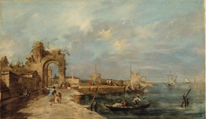 Caprice, with ruined arch and seaport by Venetian School