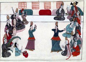 Musicians and dancers under the Ottoman Empire. Miniature from “Turkish Memorials” (codex Cicogna 1971 “Memorie Turchesche”). Watercolour from the 17th century Venetian school.