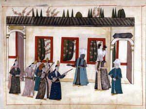 The Sultan visits the favorite with the mother and chief of the Eunuchs. Miniature from Turkish Memorials (codex Cicogna 1971 Memorie Turchesche) Watercolour from the 17th century Venetian school by Venetian School