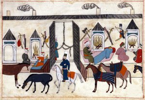 View of the interior of a caravan in Turkey under the Ottoman Empire (Miniature from “Turkish Memorials” (codex Cicogna 1971 “Memorie Turchesche”) Watercolour from the 17th century Venetian school) by Venetian School