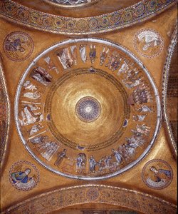 View of the dome with mosaics on a golden background illustrating Abraham