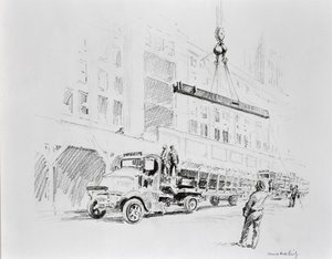 Steel beam being winched up from the truck, to be used in the construction of the Empire State Building by Vernon Howe Bailey
