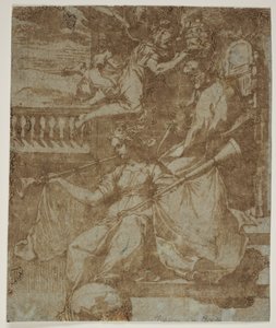 A Pope Crowned by an Angel, with Fama at His Feet Resting Her Foot on a Globe and Blowing Her Trumpet by Vespasiano Strada