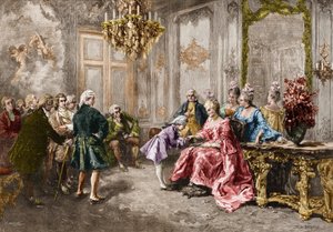 Wolfgang Amadeus Mozart at Madame de Pompadour. Engraving After the Painting of M. V. de Paredes