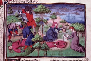 Murder scene of two men whose murderers cut their head off. Page of a manuscript in French of the Decameron by Giovanni Boccaccio. 1450. Paris, Library of the Arsenal by Vicente de Paredes
