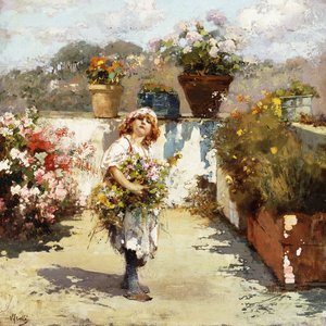 A Young Girl Gathering Flowers in the Sunshine