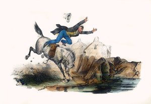 A rider falls after the rush of his horse. In “Album Grotesque, Choices of Outstanding Types”, illustrations by Victor Adam, Paris, circa 1850. by Victor Adam