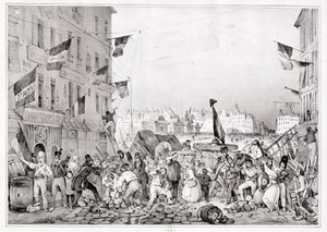 Barricade at the Rue Dauphine, 29th July 1830, engraved by H. Delaporte