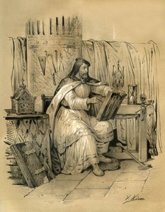 Saint Eloi (v.588-660) goldsmithing and treasurer of the king of the Franks Dagobert 1st, then bishop of Noyon from 641 to his death. Engraving by Victor Adam in the book “France in the Middle Ages” published by the Ardant brothers by Victor Adam